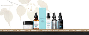 Productos de cuidado facial SkinCeuticals exhibidos en Clínicas Dr. Jota, especializados en dermatología y medicina estética
